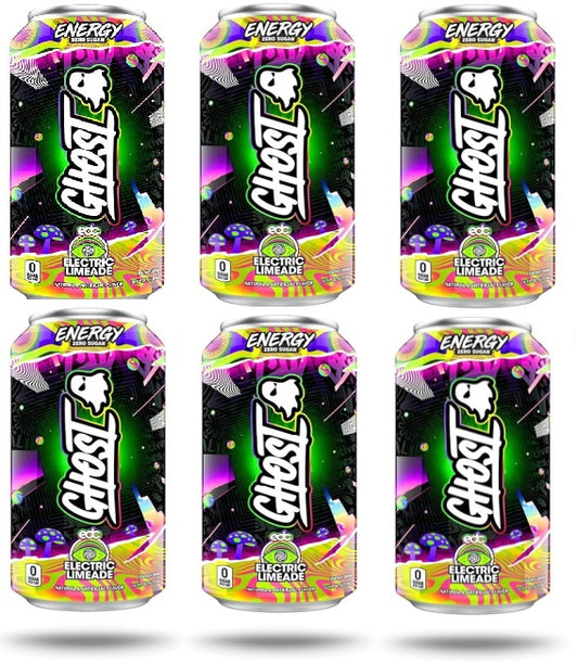 Ghost Energy Drink Electric Limeade EDC, Can Glows In The Dark, Sugar Free, Gluten Free, Vegan Energy Drink, 16oz Cans (6 Pack of 16oz Cans)